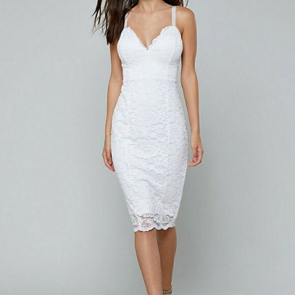 Bebe White Scallop Lace Midi Dress Contemporary Feminine Resort Event Pa… - Picture 1 of 12